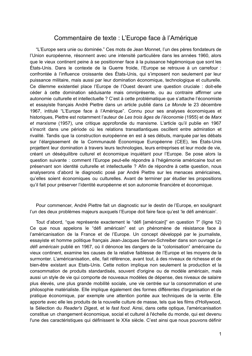 Prévisualisation du document Commentaire de texte : L'Europe face à l'Amérique