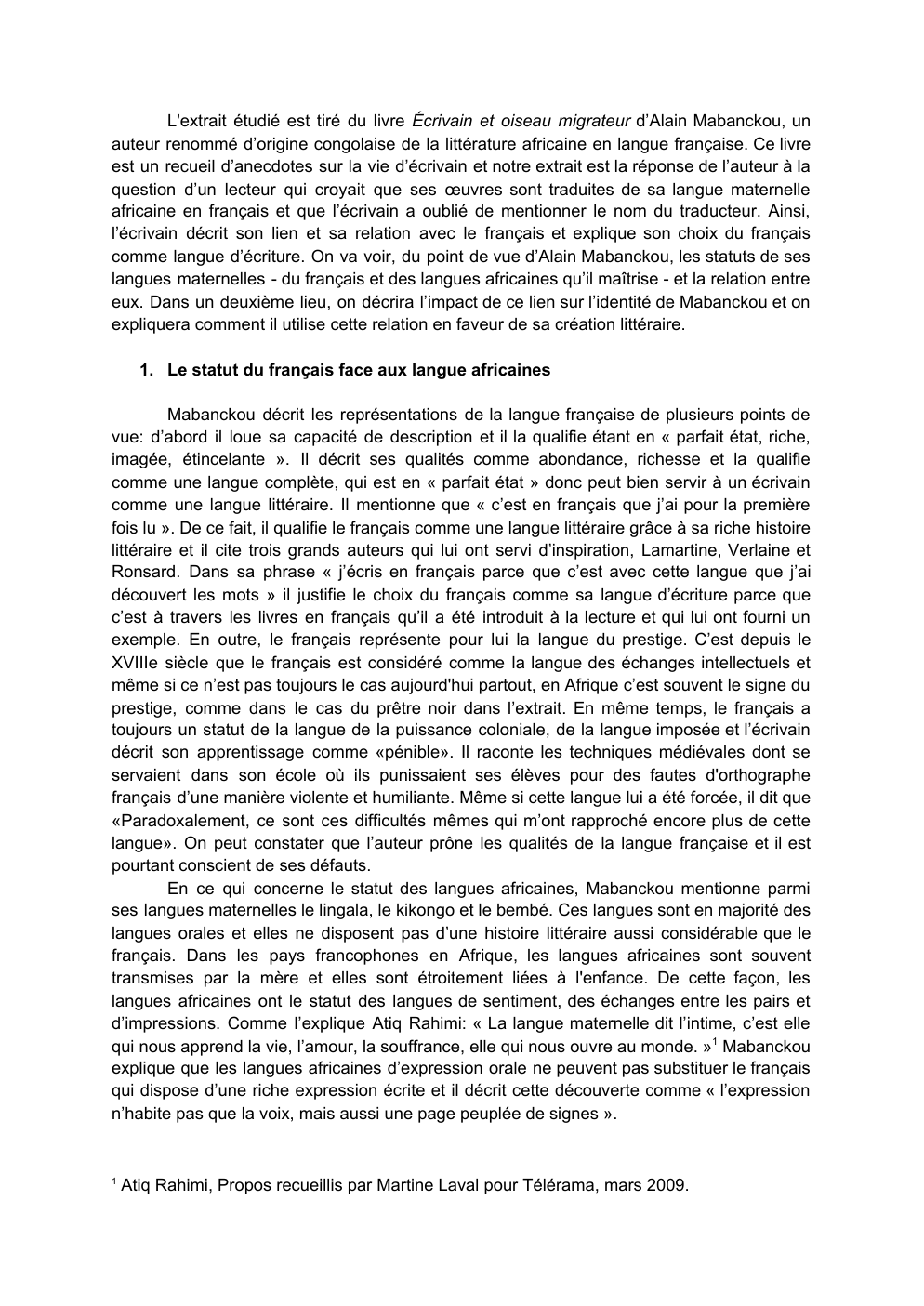 Prévisualisation du document Commentaire de texte Mabanckou - Écrivain et oiseau migrateur d’Alain Mabanckou