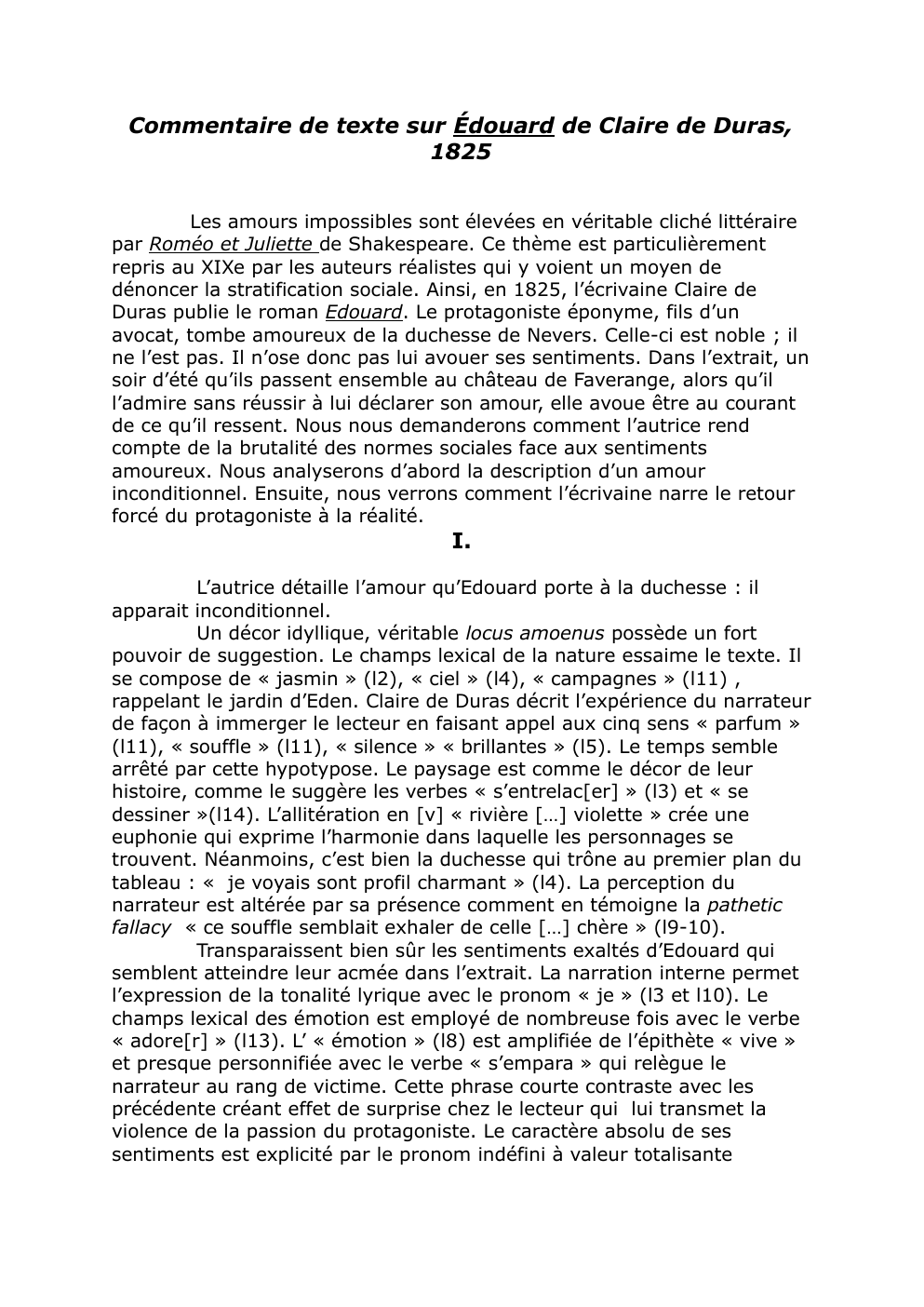 Prévisualisation du document commentaire de texte noté 20 bac francais 2024 Commentaire de texte sur Édouard de Claire de Duras, 1825