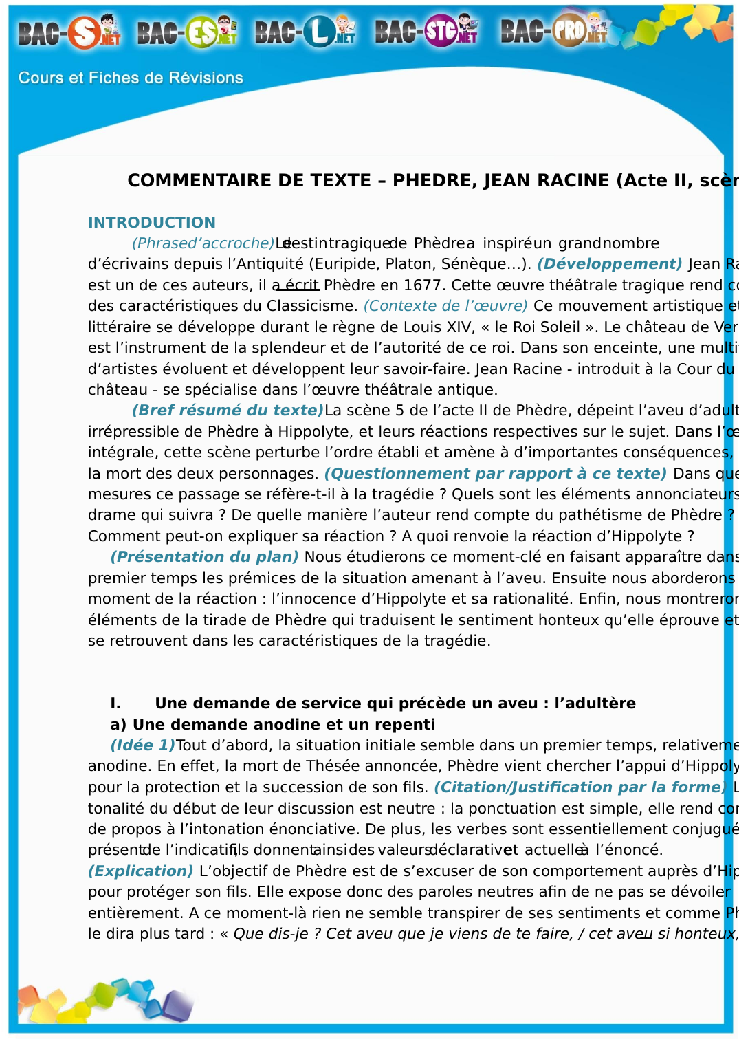 Prévisualisation du document COMMENTAIRE DE TEXTE – PHEDRE, JEAN RACINE (Acte II, scène 5)