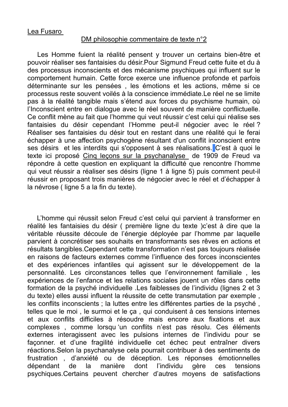 Prévisualisation du document Commentaire de texte philosophie Cinq leçons sur la psychanalyse de 1909 de Freud