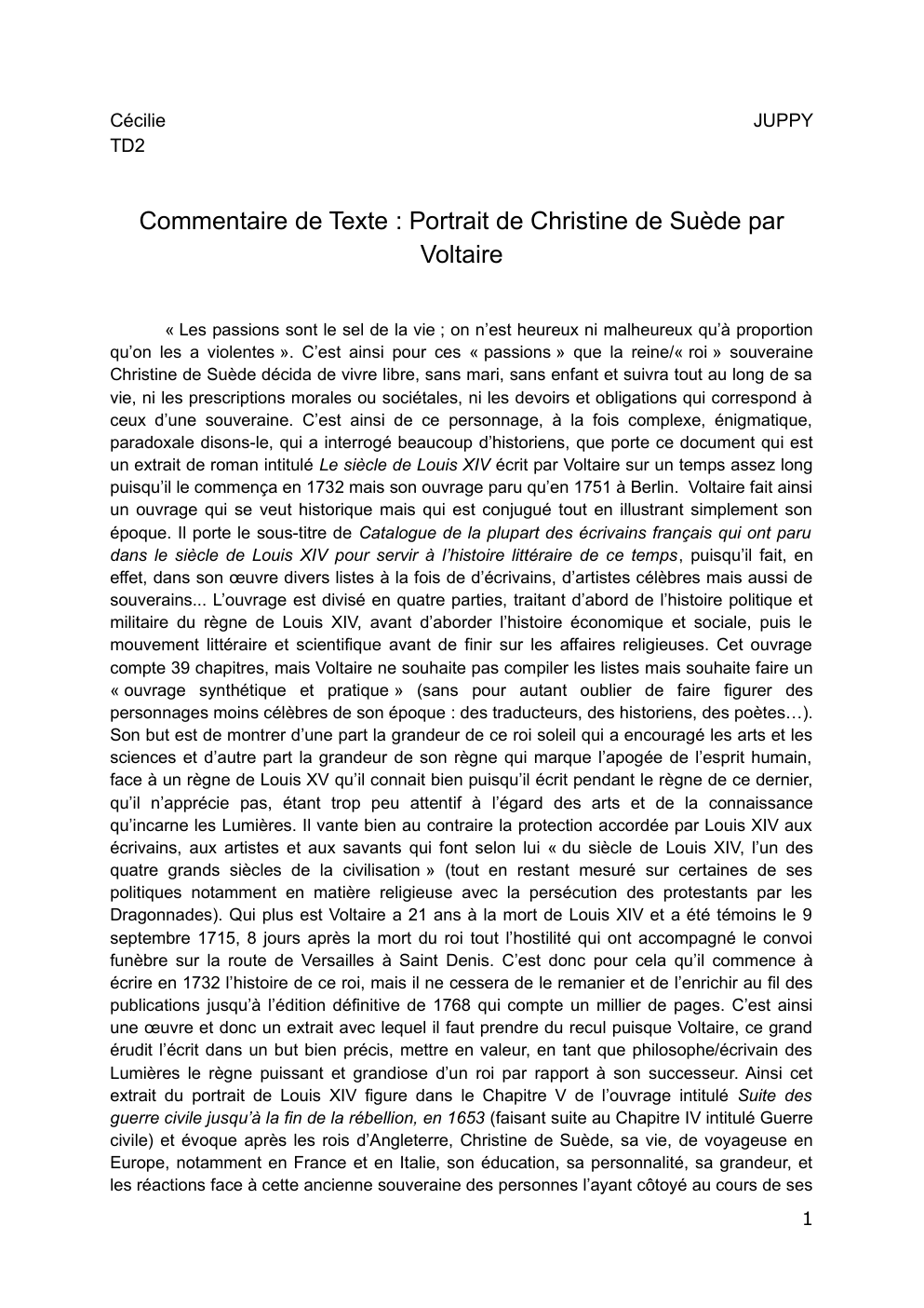 Prévisualisation du document Commentaire de Texte : Portrait de Christine de Suède par Voltaire