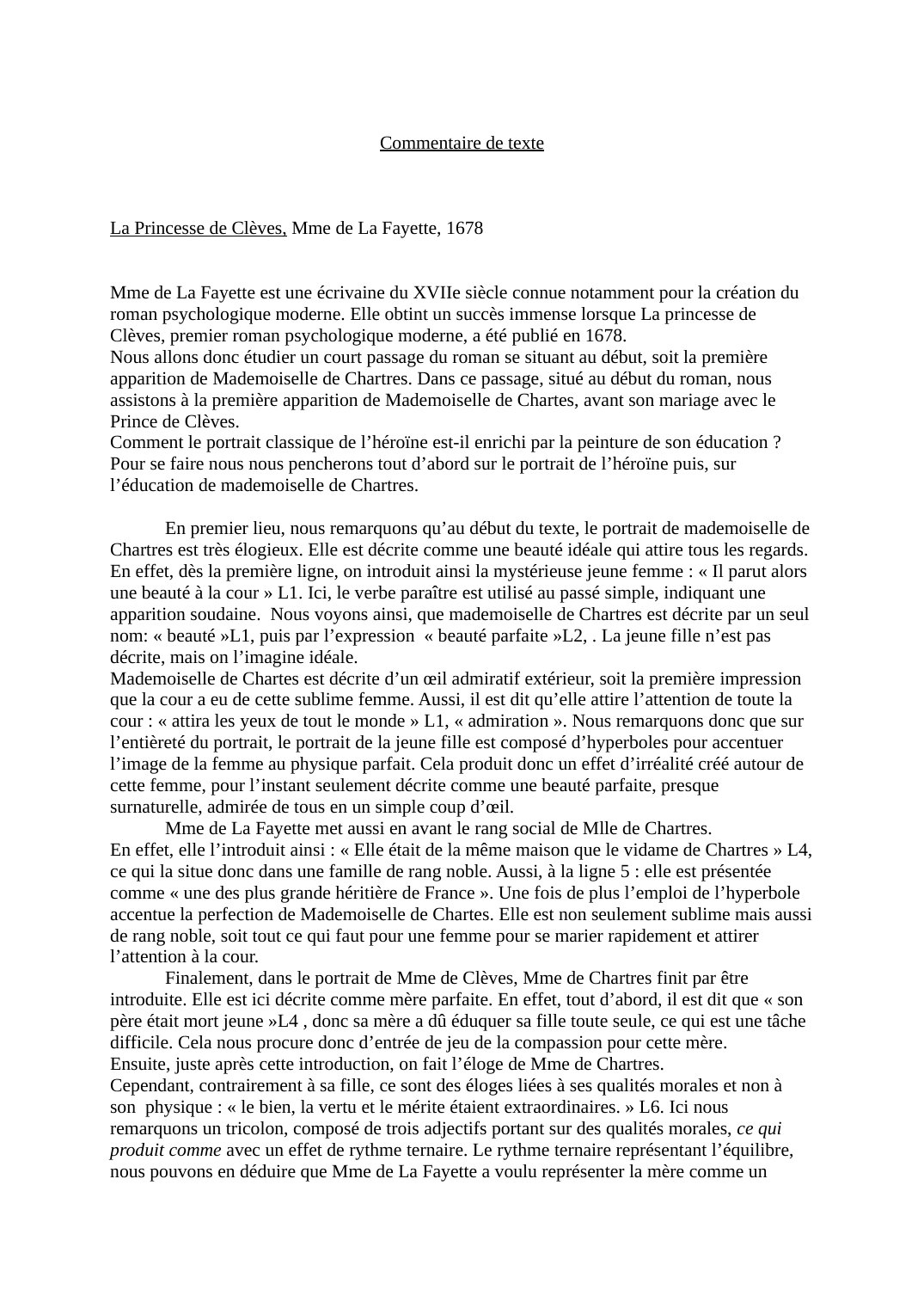 Prévisualisation du document Commentaire de texte Princesse de Clèves