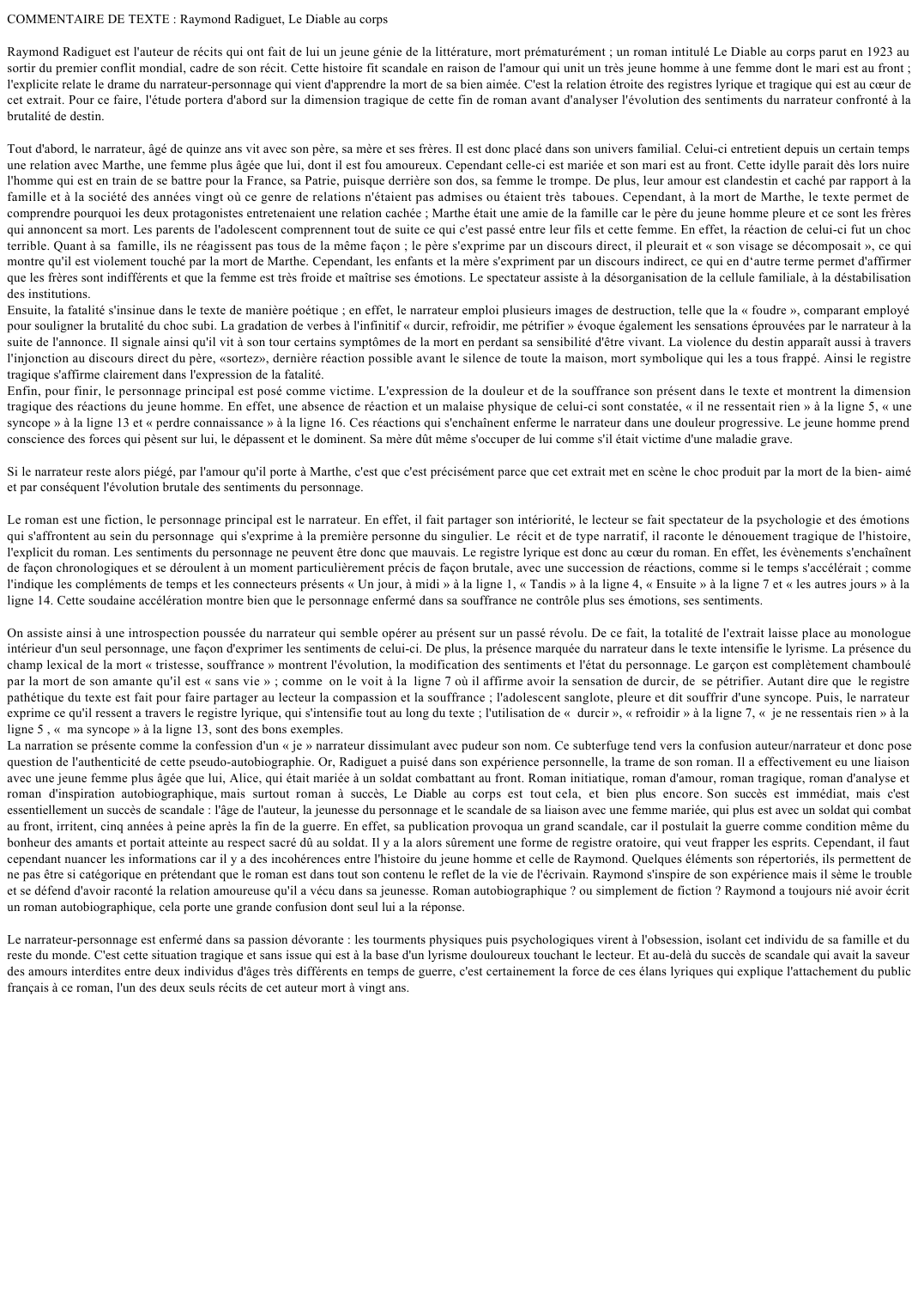 Prévisualisation du document COMMENTAIRE DE TEXTE : Raymond Radiguet, Le Diable au corps