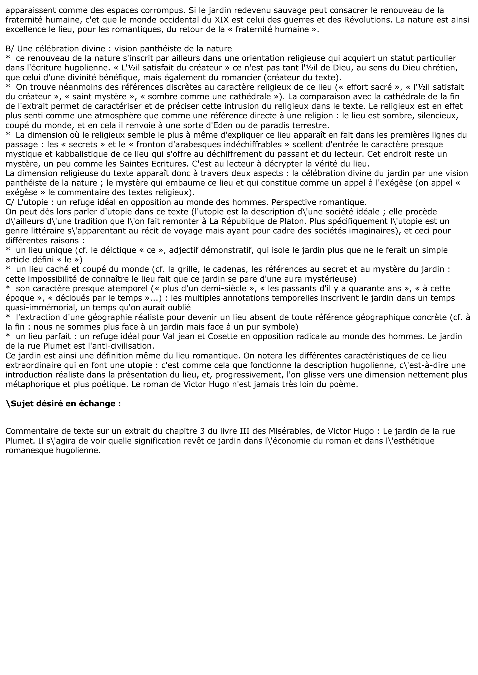 Prévisualisation du document Commentaire de texte sur la description du jardin de la rue Plumet (Les Misérables, Victor Hugo).