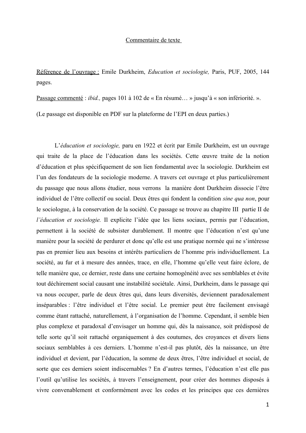 Prévisualisation du document Commentaire de texte sur l'éducation et sociologie de Durkheim