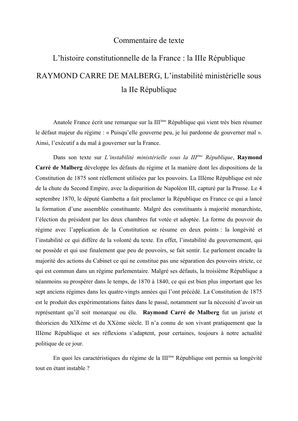 Prévisualisation du document Commentaire de texte sur l'instabilité ministérielle sous la IIe République de Raymond Carré de Malberg