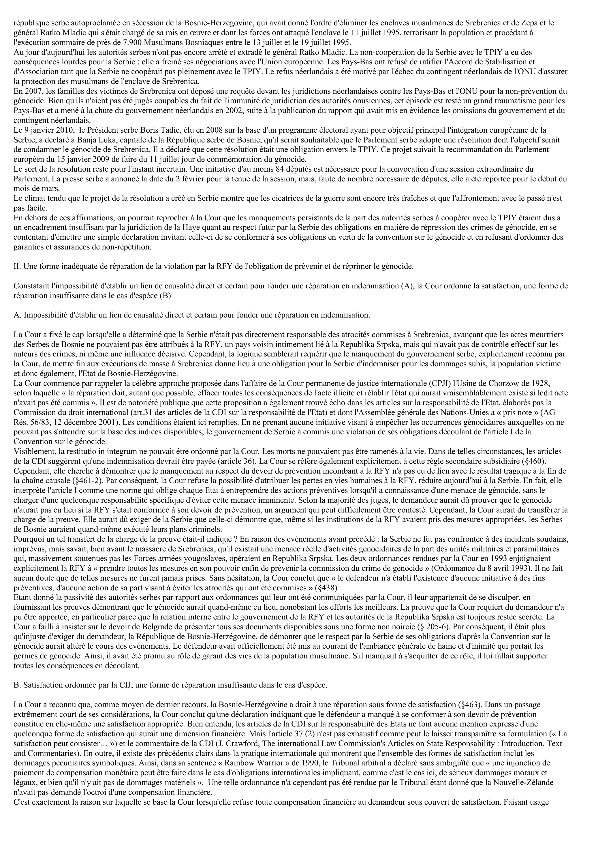 Prévisualisation du document Commentaire d'extrait (§459 - §470) de l'arrêt CIJ 26 février 2007 « Application de la Convention pour la prévention et la répression du crime de génocide » (Bosnie-Herzégovine c. Serbie et Monténégro)