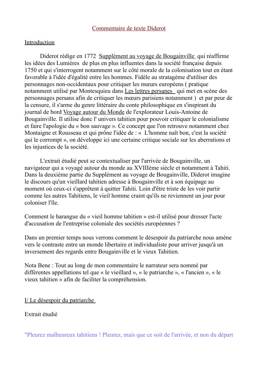 Prévisualisation du document commentaire Diderot Supplément au voyage de Bougainville: bon sauvage et colonialisme