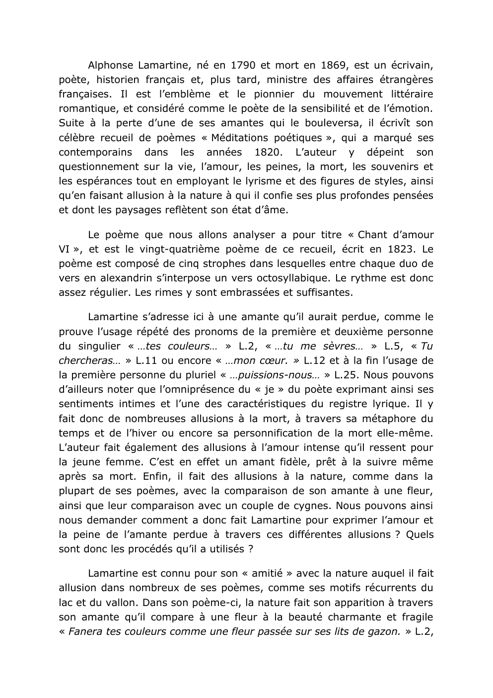 Prévisualisation du document Commentaire du poème : Chant d’amour VI  d'Alphonse de Lamartine