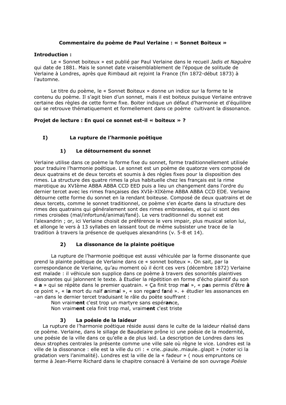 Prévisualisation du document Commentaire du poème de Paul Verlaine : « Sonnet Boiteux »
Introduction :
Le « Sonnet boiteux » est publié...