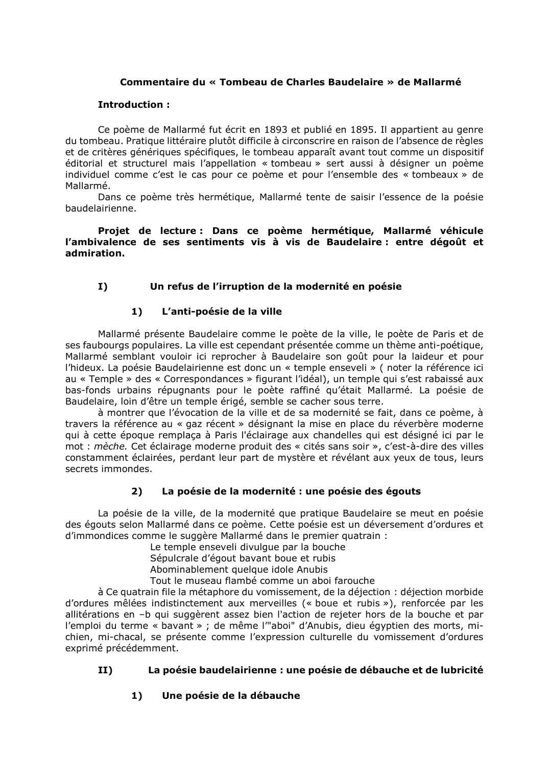 Prévisualisation du document Commentaire du « Tombeau de Charles Baudelaire » de Mallarmé