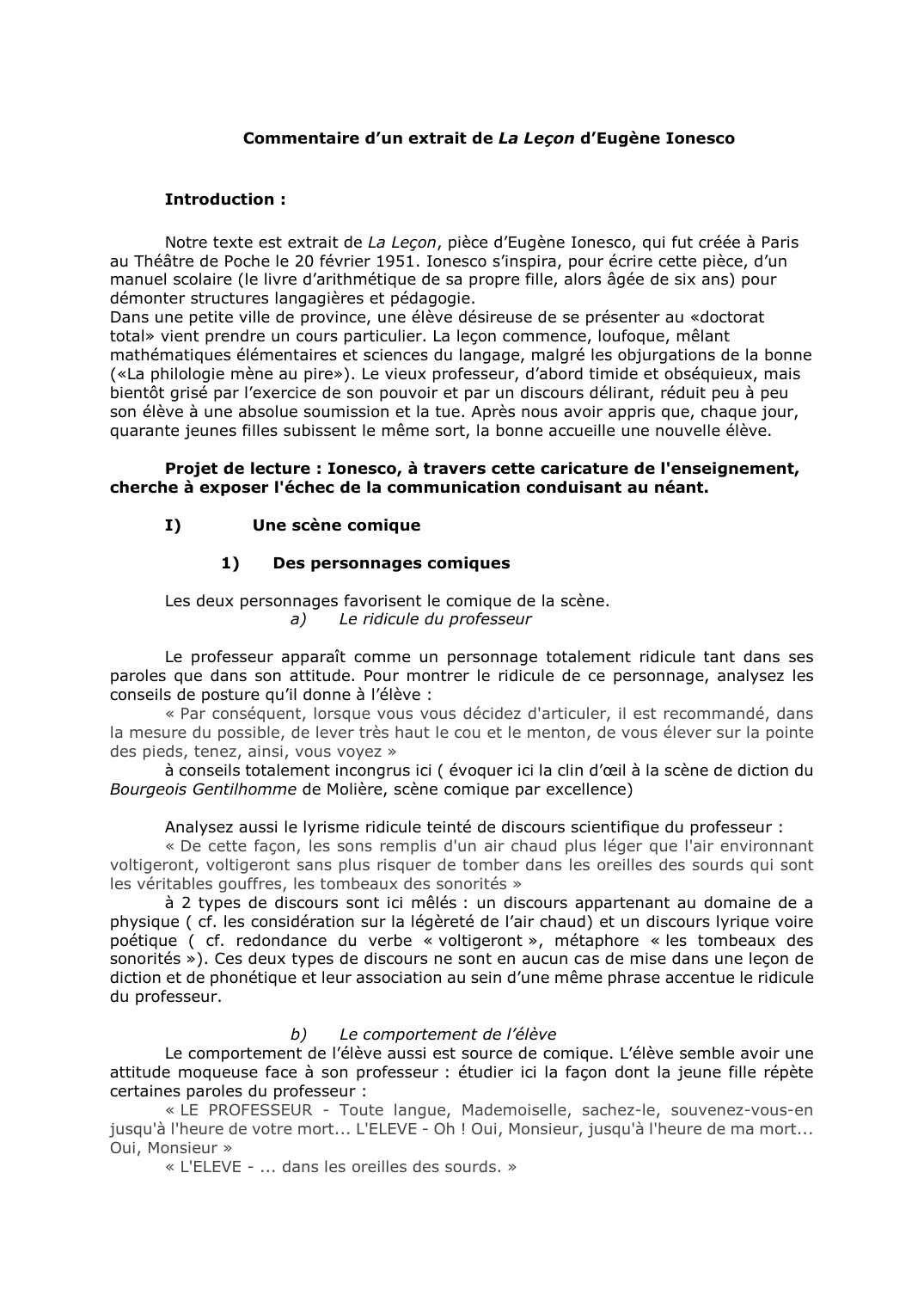 Prévisualisation du document Commentaire d'un extrait de La Leçon d'Eugène Ionesco