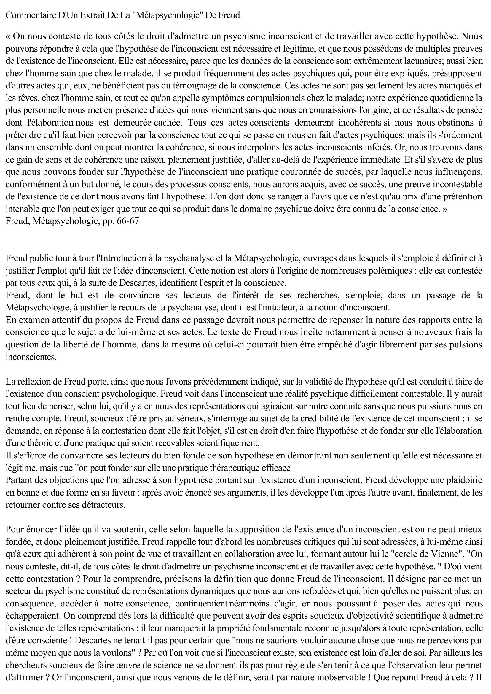 Prévisualisation du document Commentaire D'Un Extrait De La "Métapsychologie" De Freud