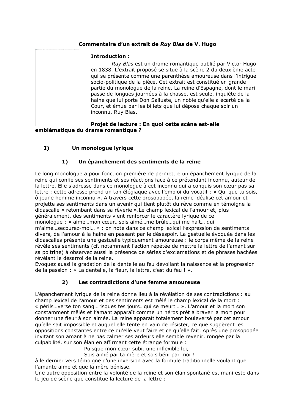 Prévisualisation du document Commentaire d’un extrait de Ruy Blas de V. Hugo
Impossible d'afficher l'image liée. Le fichier a peut-être été déplacé, renommé...