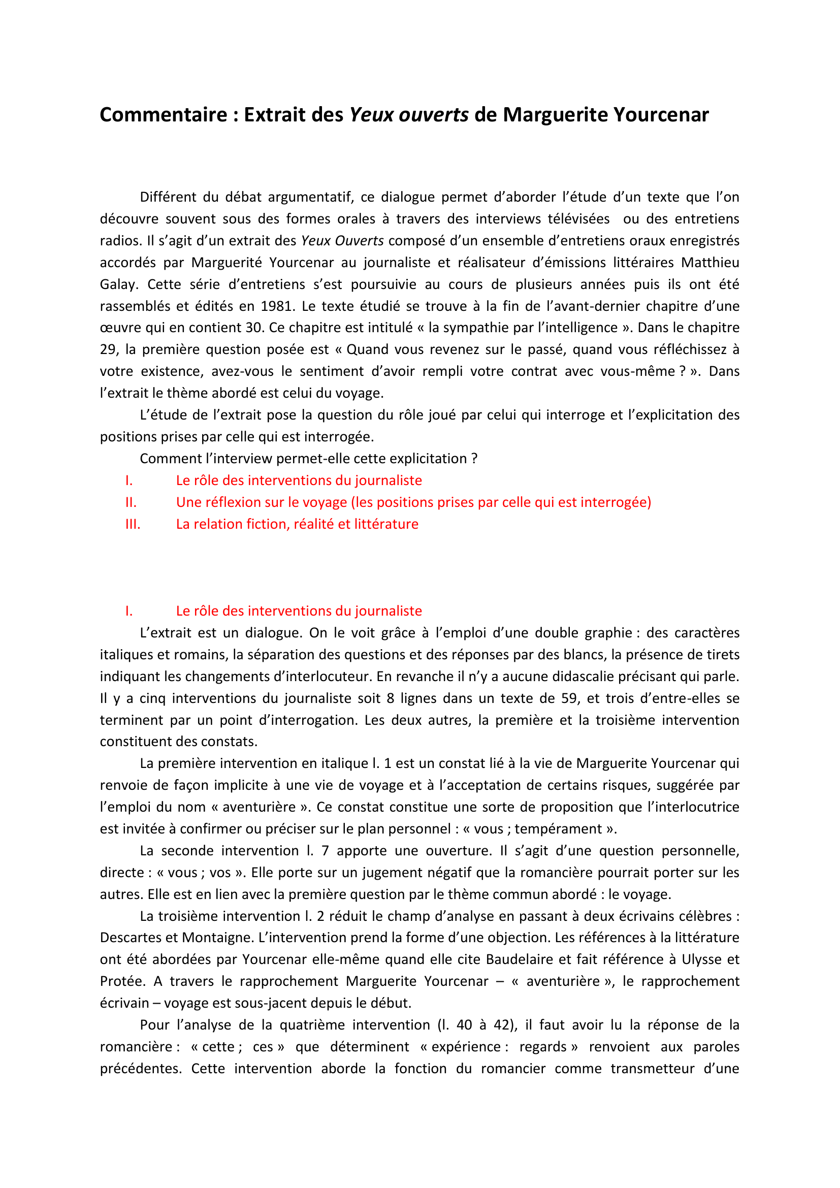 Prévisualisation du document Commentaire : Extrait des Yeux ouverts de Marguerite Yourcenar