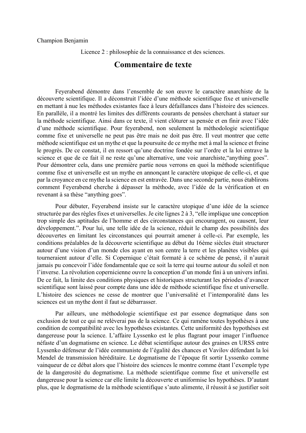 Prévisualisation du document Commentaire Feyerabend: une voie anarchiste