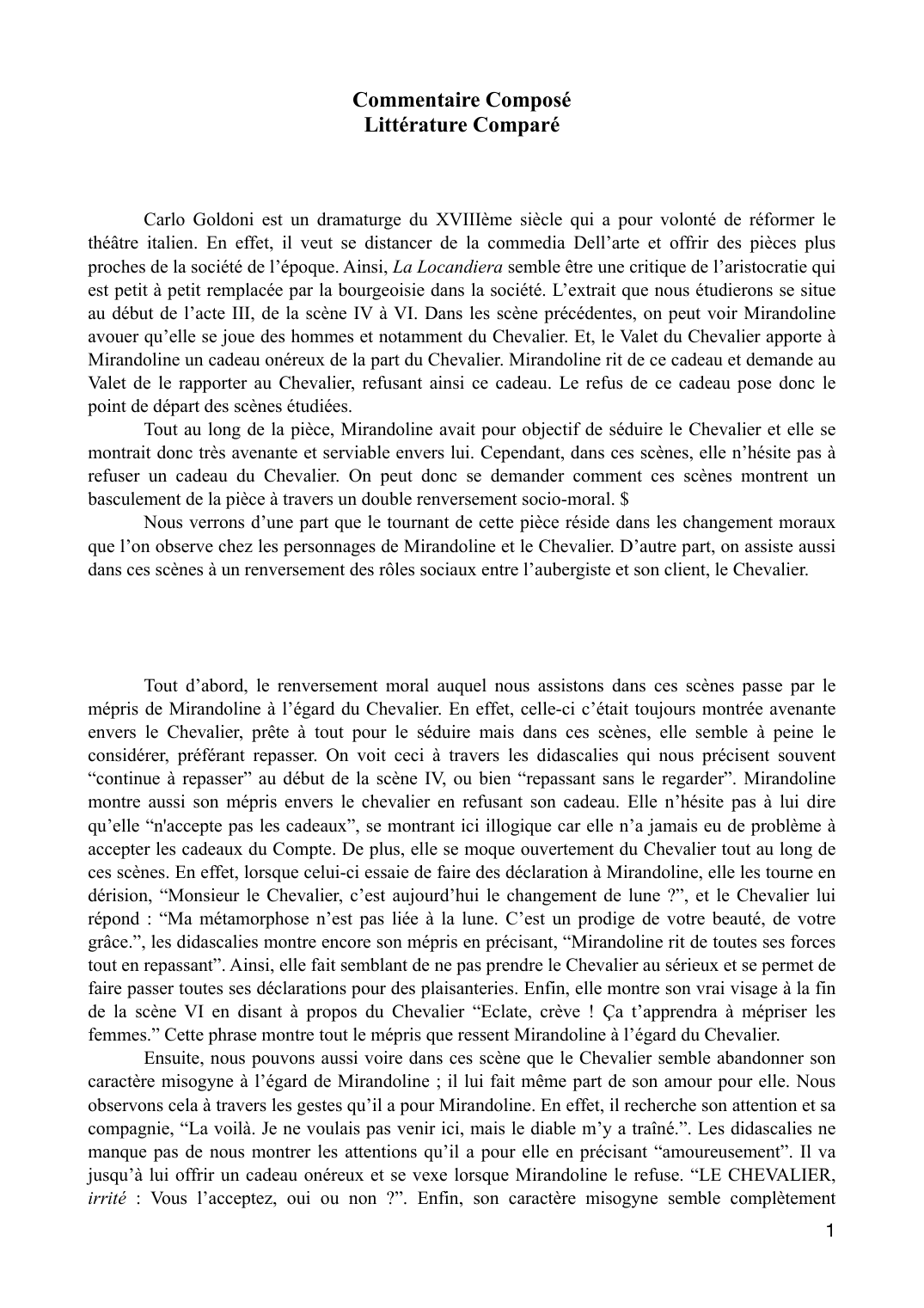 Prévisualisation du document Commentaire La Locandiera, Goldoni