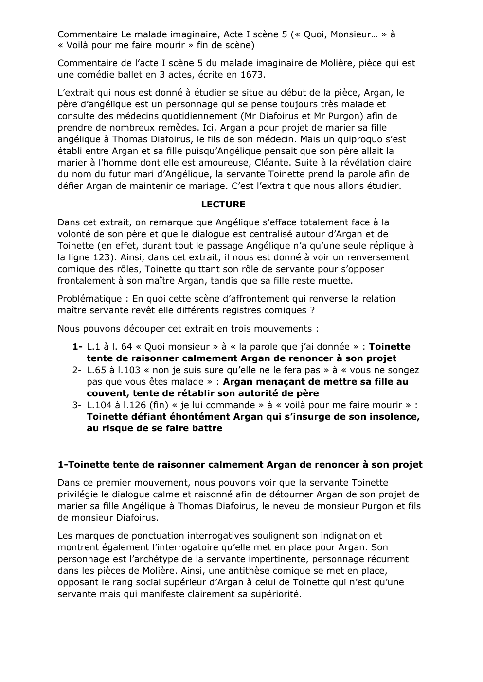 Prévisualisation du document Commentaire Le malade imaginaire, Acte I scène 5 (« Quoi, Monsieur… » à « Voilà pour me faire mourir » fin de scène)