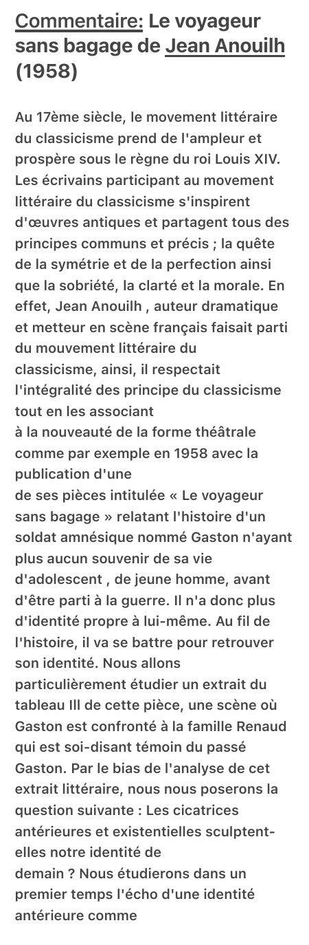 Prévisualisation du document Commentaire: Le voyageur sans bagage de Jean Anouilh (1958)