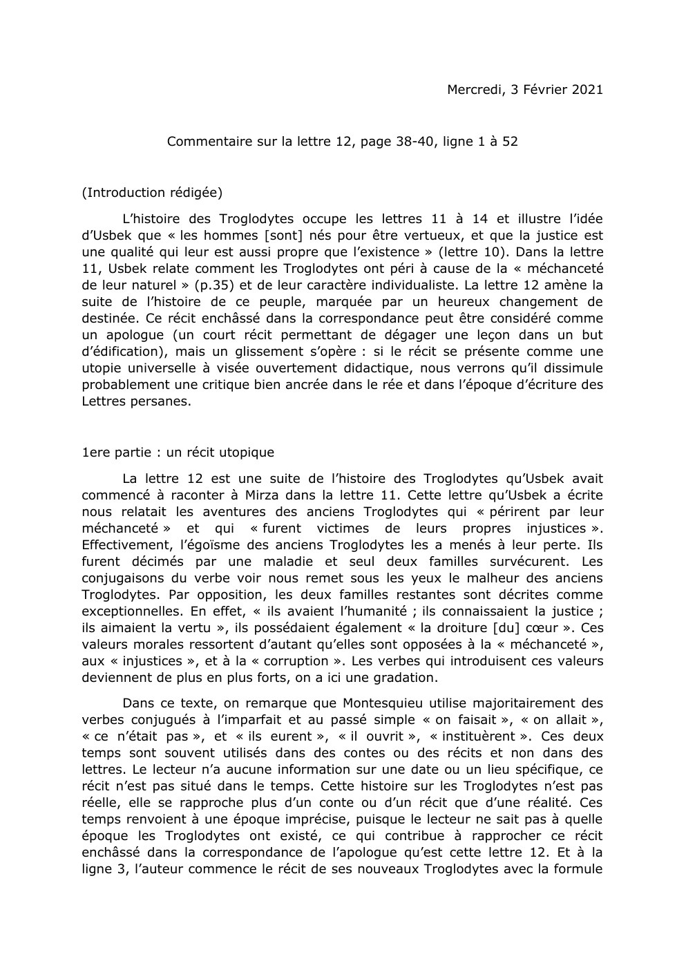 Prévisualisation du document Commentaire Lettre persane Lettre 12