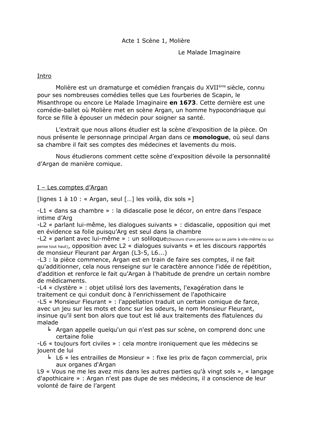 Prévisualisation du document Commentaire linéaire - Acte 1, Scène 1 (Malade imaginaire de Molière)