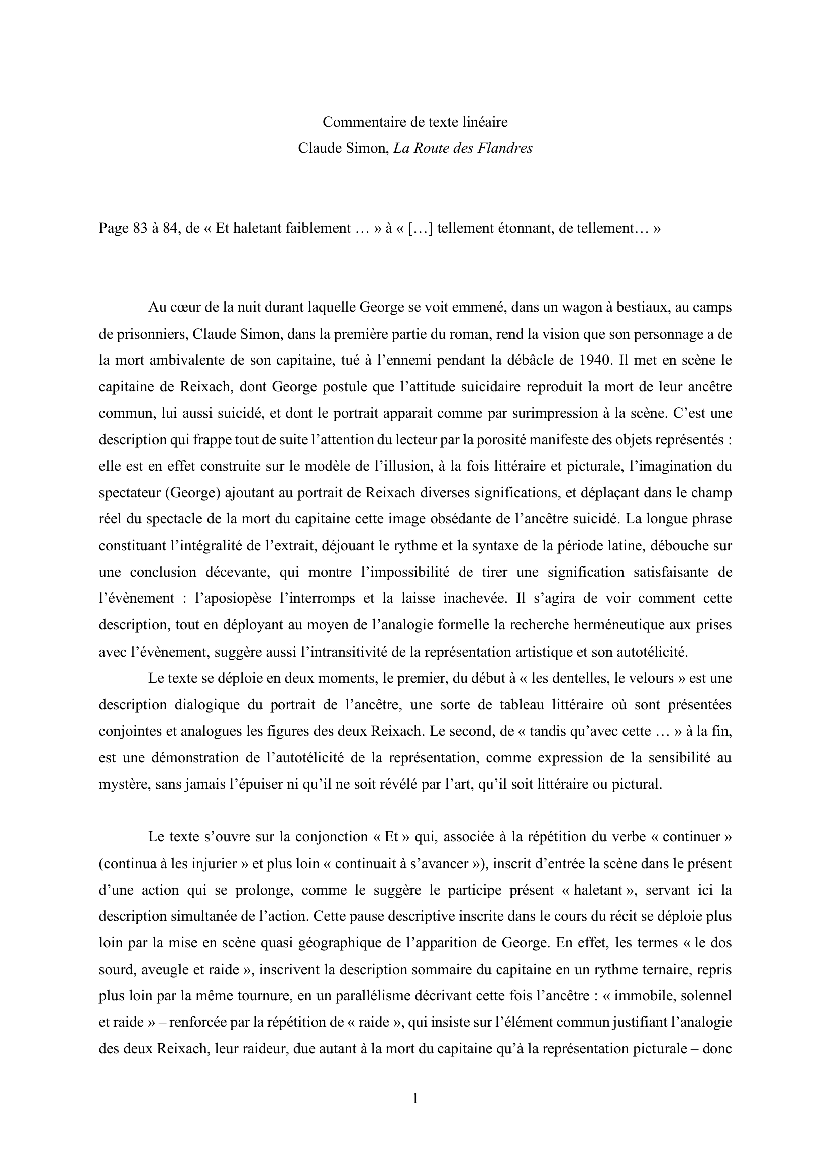 Prévisualisation du document Commentaire linéaire de La Route des Flandres, de Claude Simon