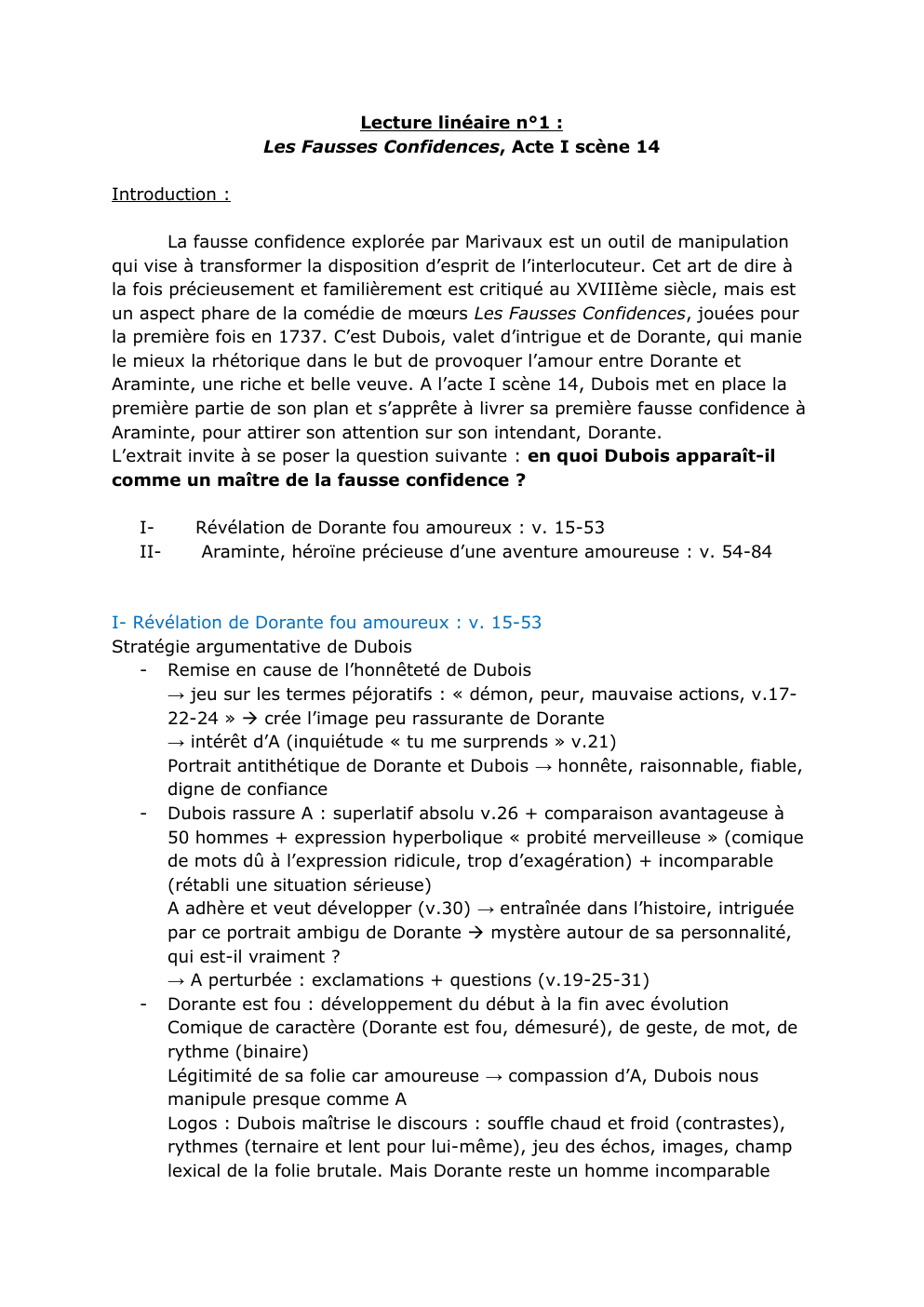 Prévisualisation du document Commentaire linéaire : Les Fausses Confidences, Acte I scène 14, Marivaux