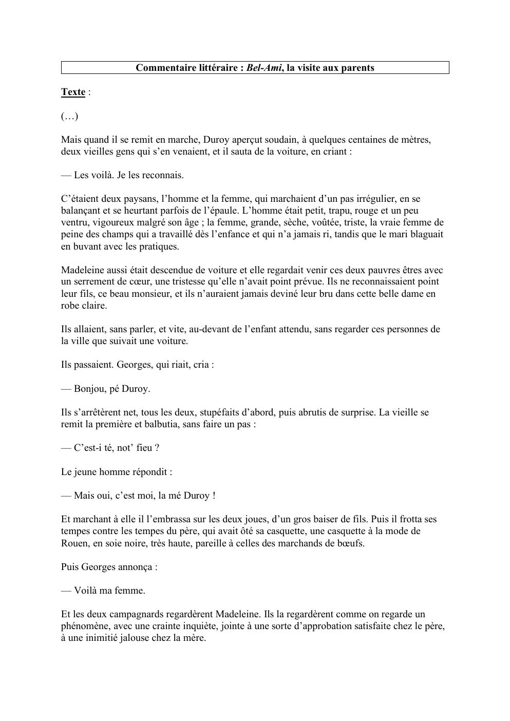 Prévisualisation du document Commentaire littéraire : Bel-Ami, la visite aux parents