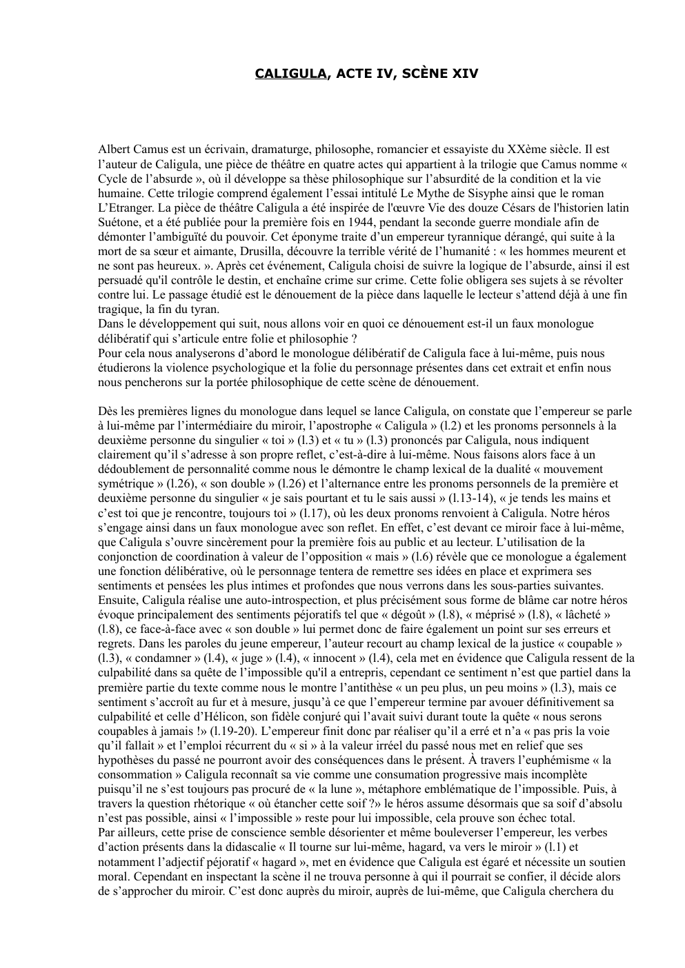 Prévisualisation du document Commentaire Littéraire Caligula acte IV scene XIV