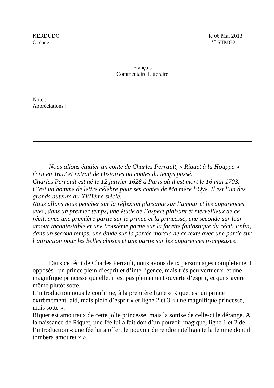 Prévisualisation du document Commentaire Litteraire : Charles Perrault, « Riquet à la Houppe »