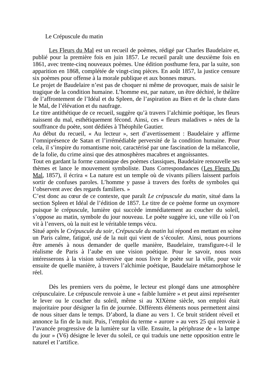 Prévisualisation du document Commentaire littéraire "Crépuscule du matin" de Baudelaire