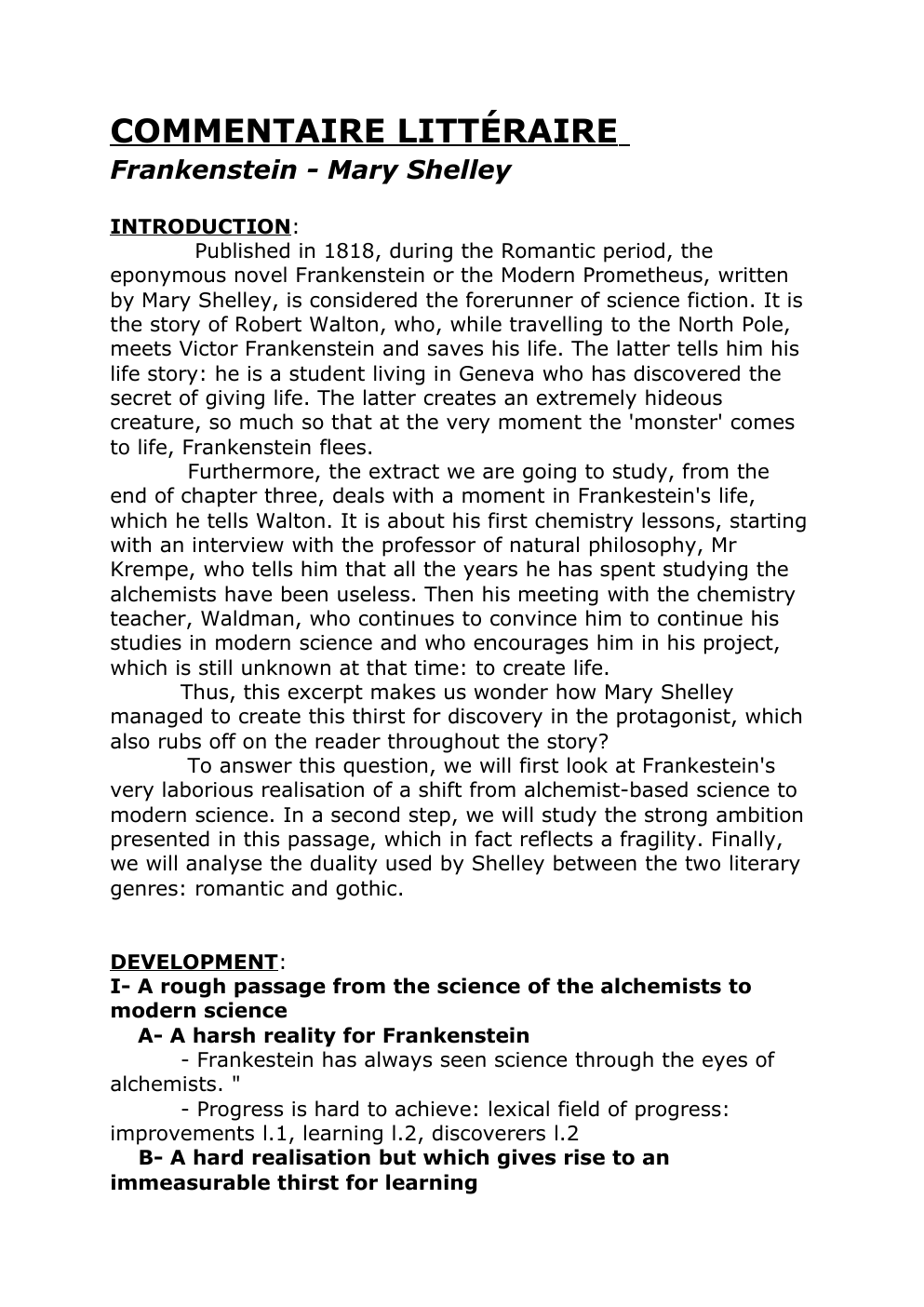 Prévisualisation du document COMMENTAIRE LITTÉRAIRE FRANKENSTEIN BY SHELLEY