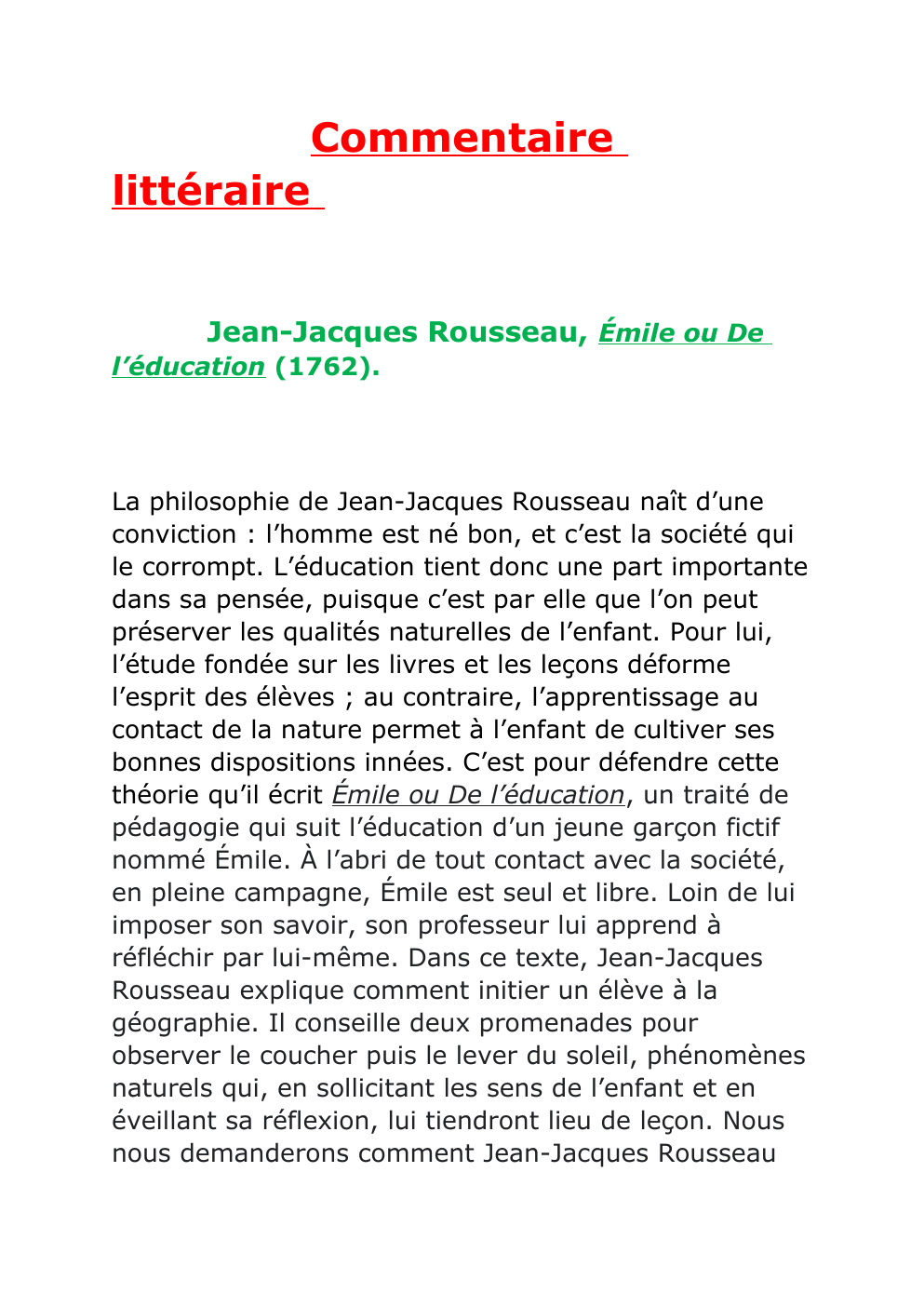 Prévisualisation du document Commentaire littéraire Jean-Jacques Rousseau, Émile ou De  l’éducation (1762).