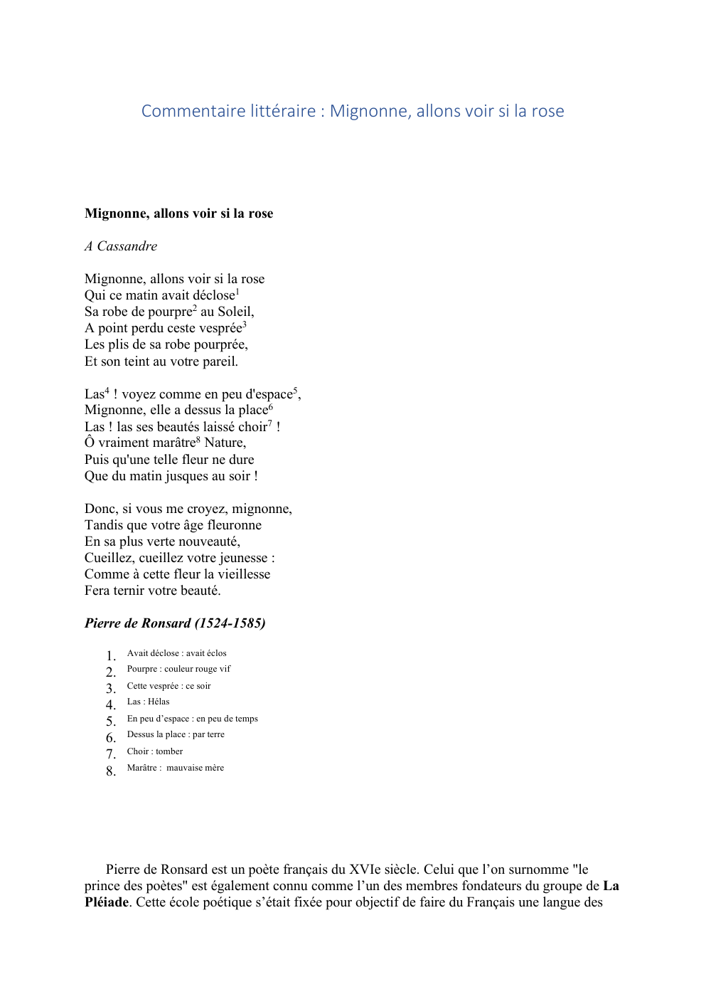 Prévisualisation du document Commentaire littéraire : Mignonne, allons voir si la rose