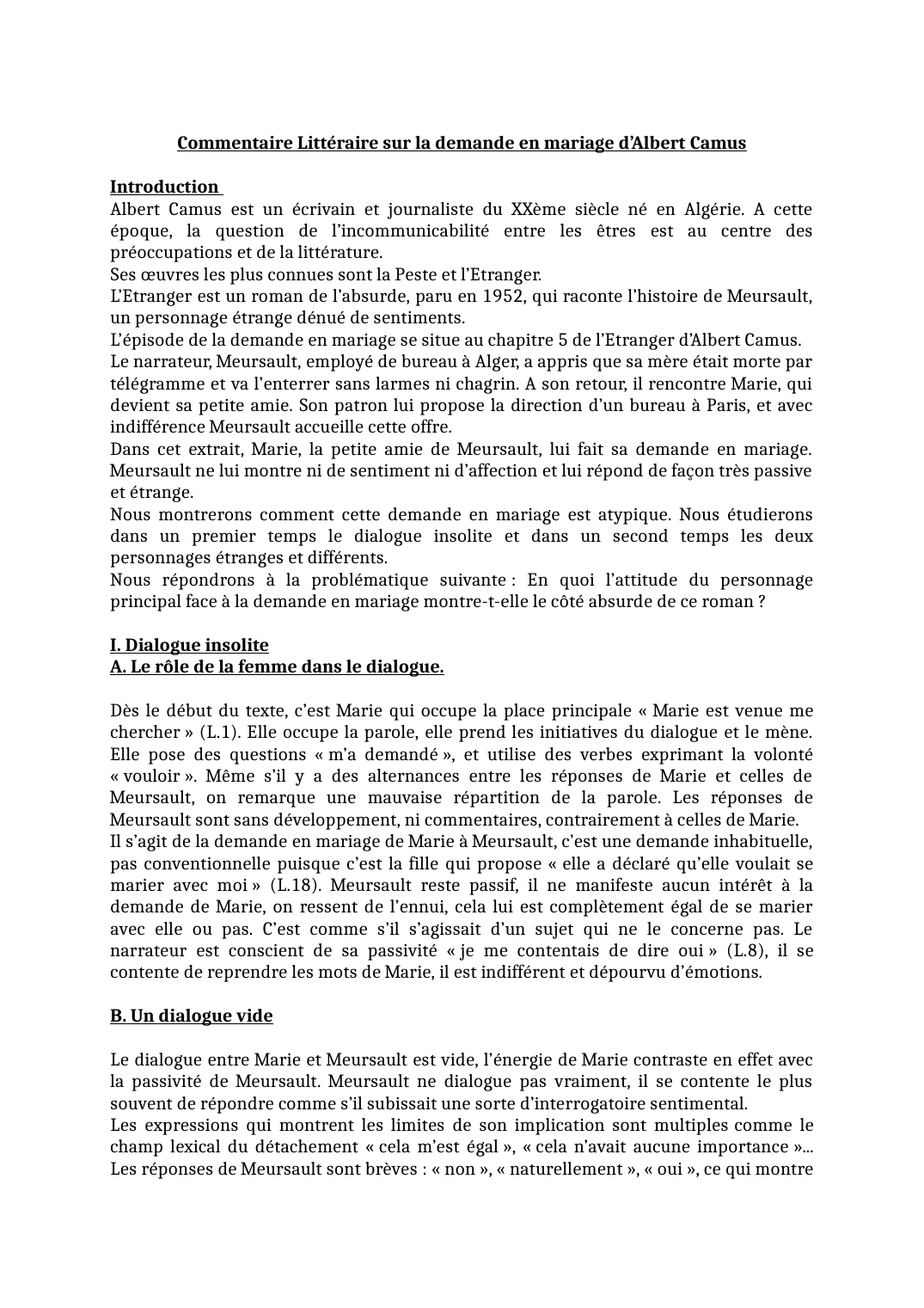 Prévisualisation du document Commentaire Littéraire sur la demande en mariage d’Albert Camus