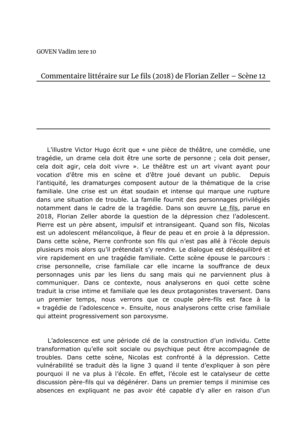 Prévisualisation du document Commentaire littéraire sur Le fils (2018) de Florian Zeller – Scène 12