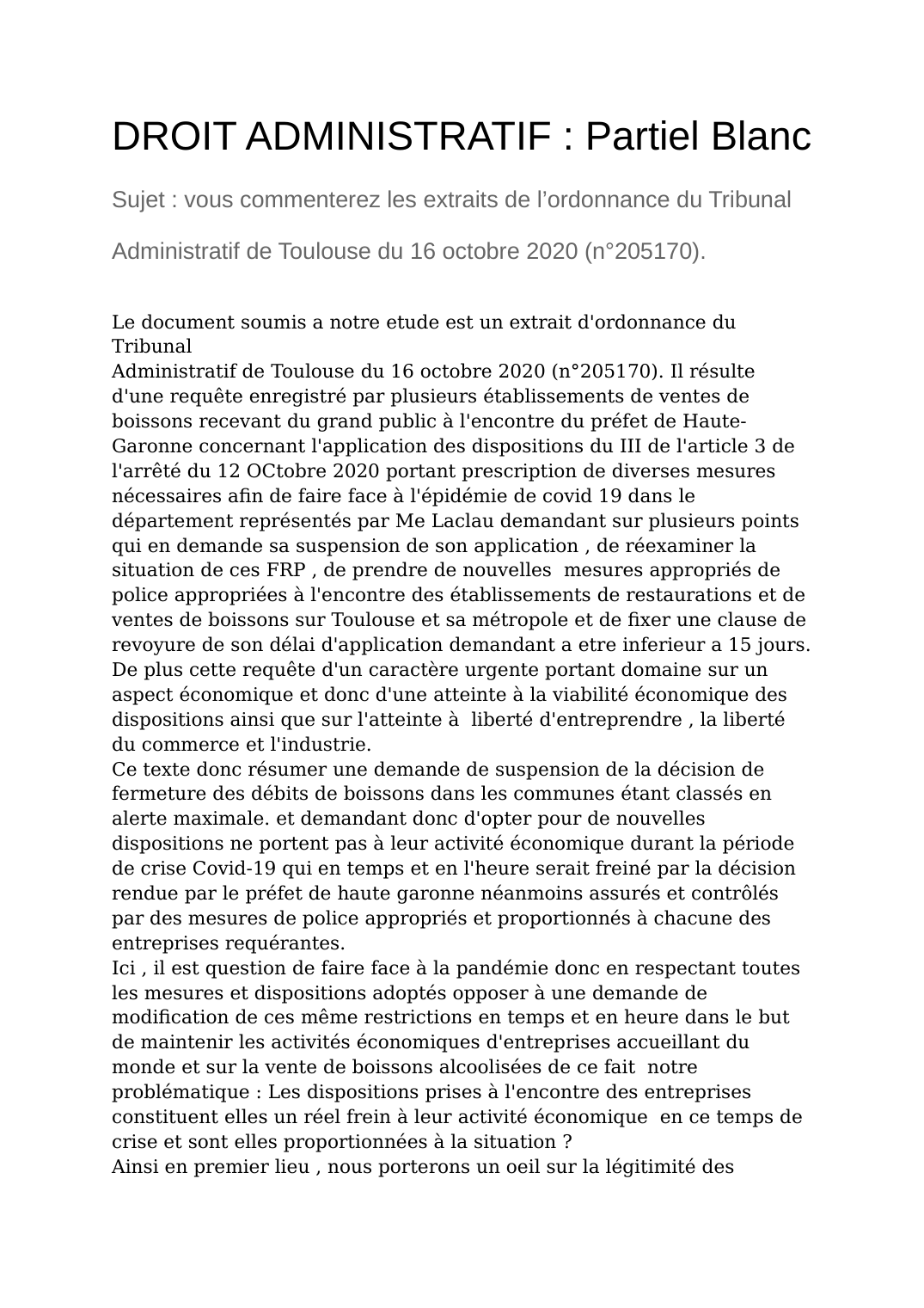 Prévisualisation du document Commentaire : l’ordonnance du Tribunal Administratif de Toulouse du 16 octobre 2020 (n°205170).