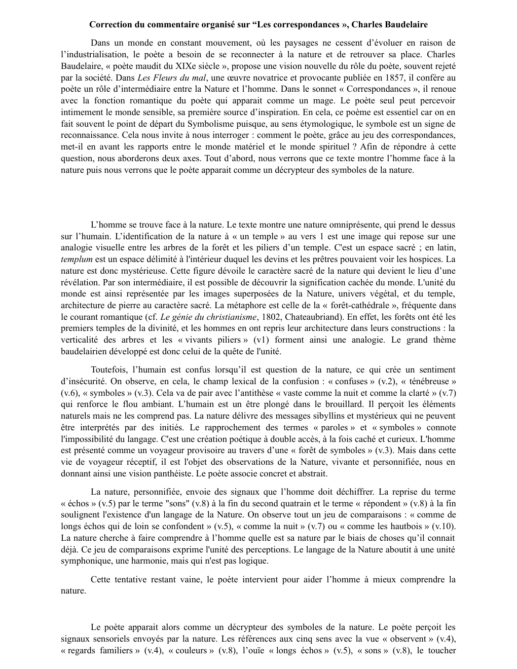 Prévisualisation du document Commentaire organisé "Les correspondances" Baudelaire