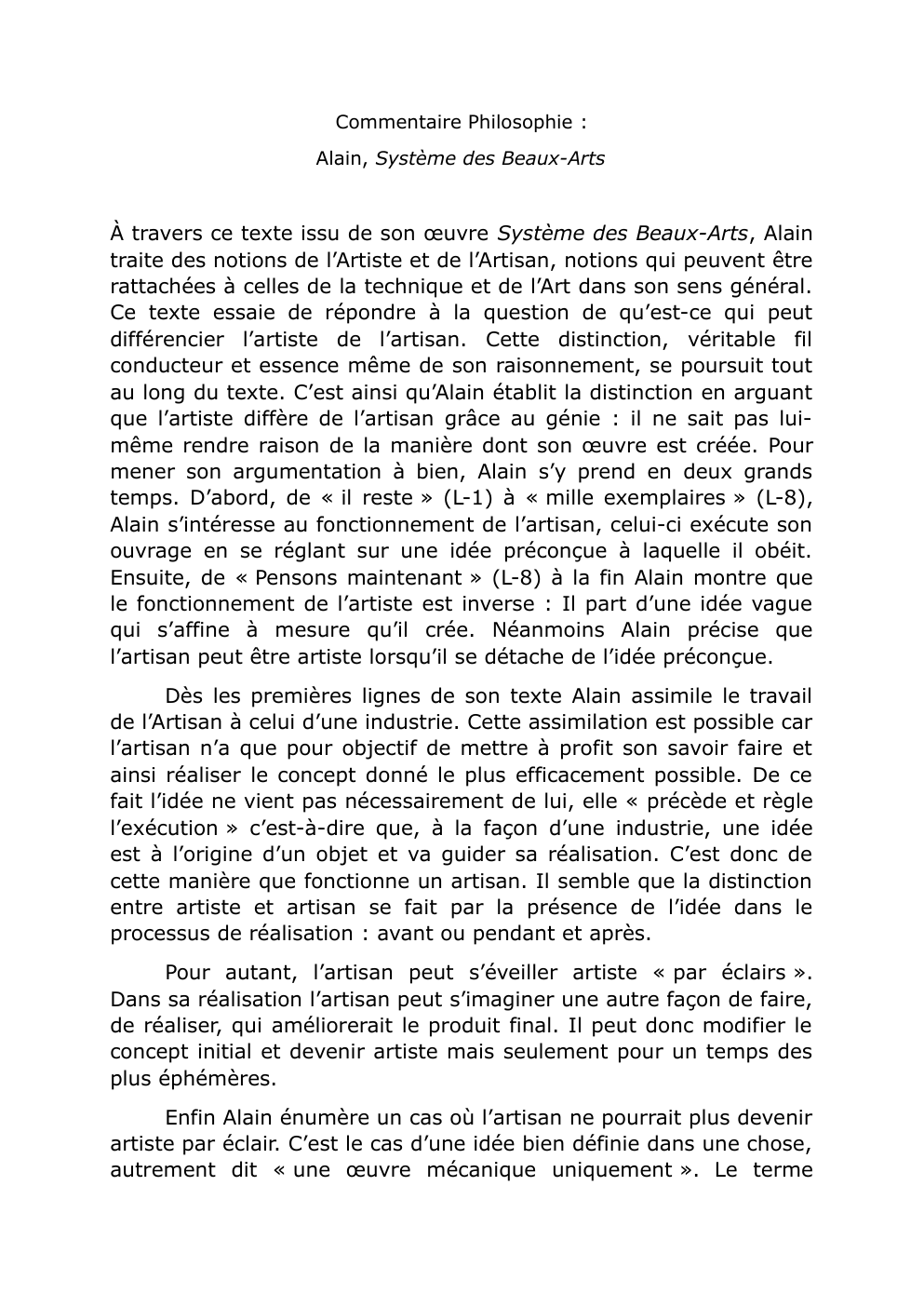 Prévisualisation du document Commentaire Philo Commentaire Philosophie : Alain, Système des Beaux-Arts