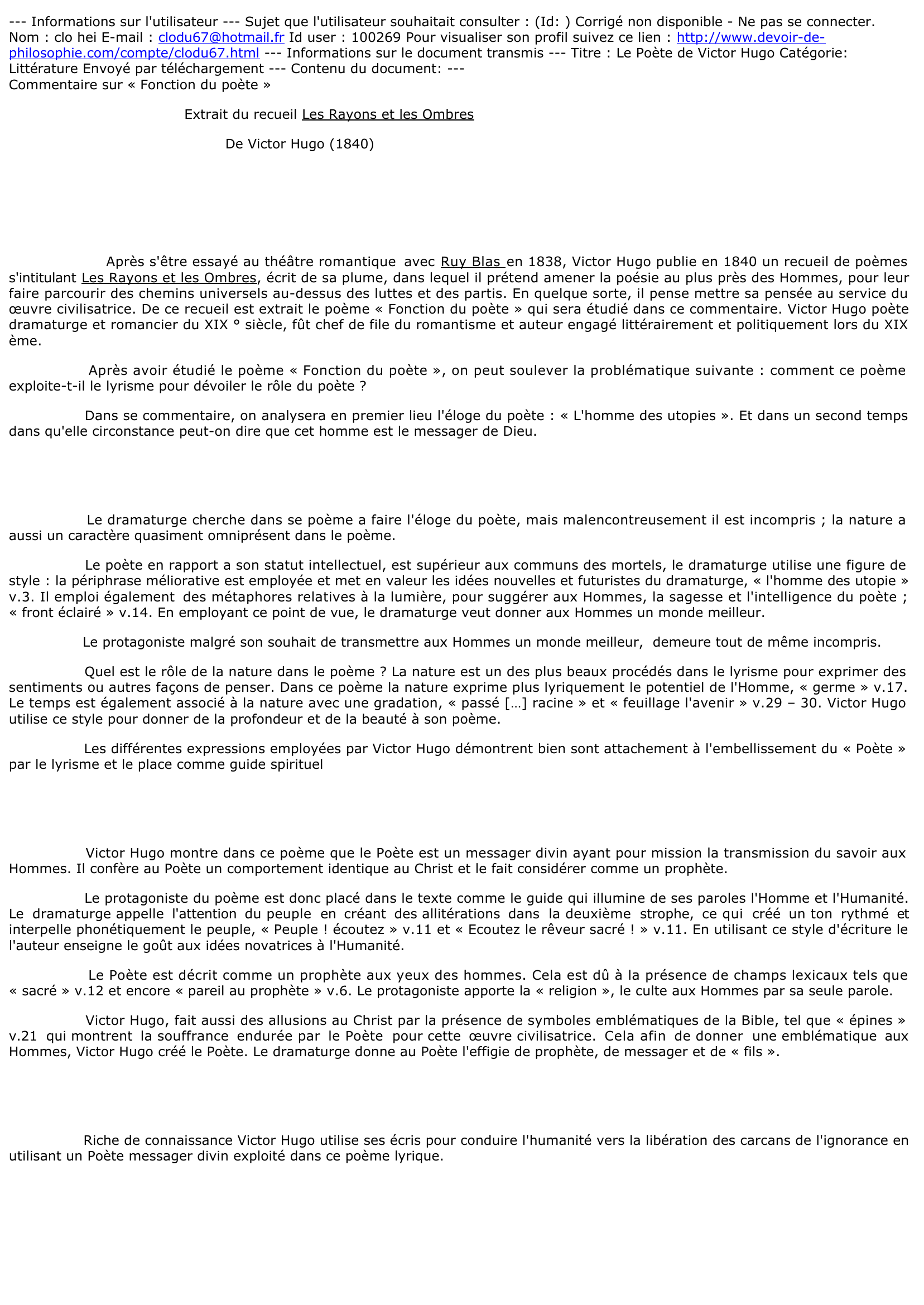 Prévisualisation du document Commentaire sur « Fonction du poète »                                      Extrait du recueil Les Rayons et les Ombres                                                De Victor Hugo