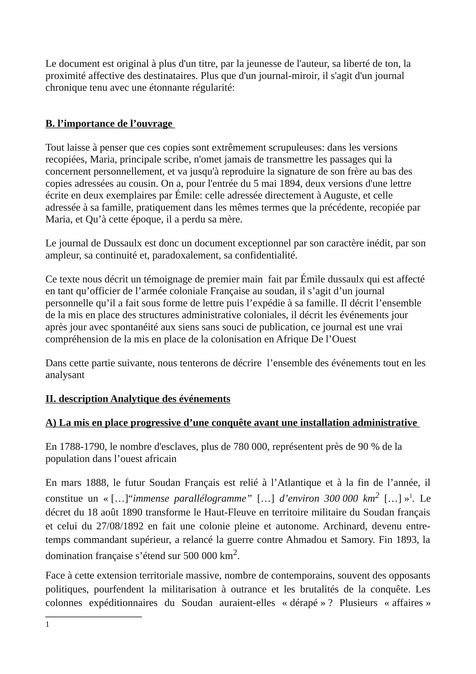 Prévisualisation du document COMMENTAIRE sur le journal de la coloniasation du Soudan, Emille dussaulx