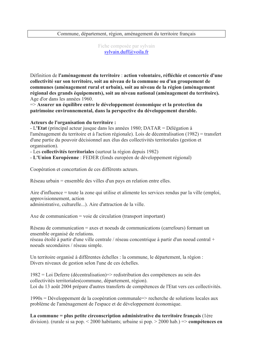 Prévisualisation du document Commune, département, région, aménagement du territoire françaisFiche composée par sylvainsylvain.