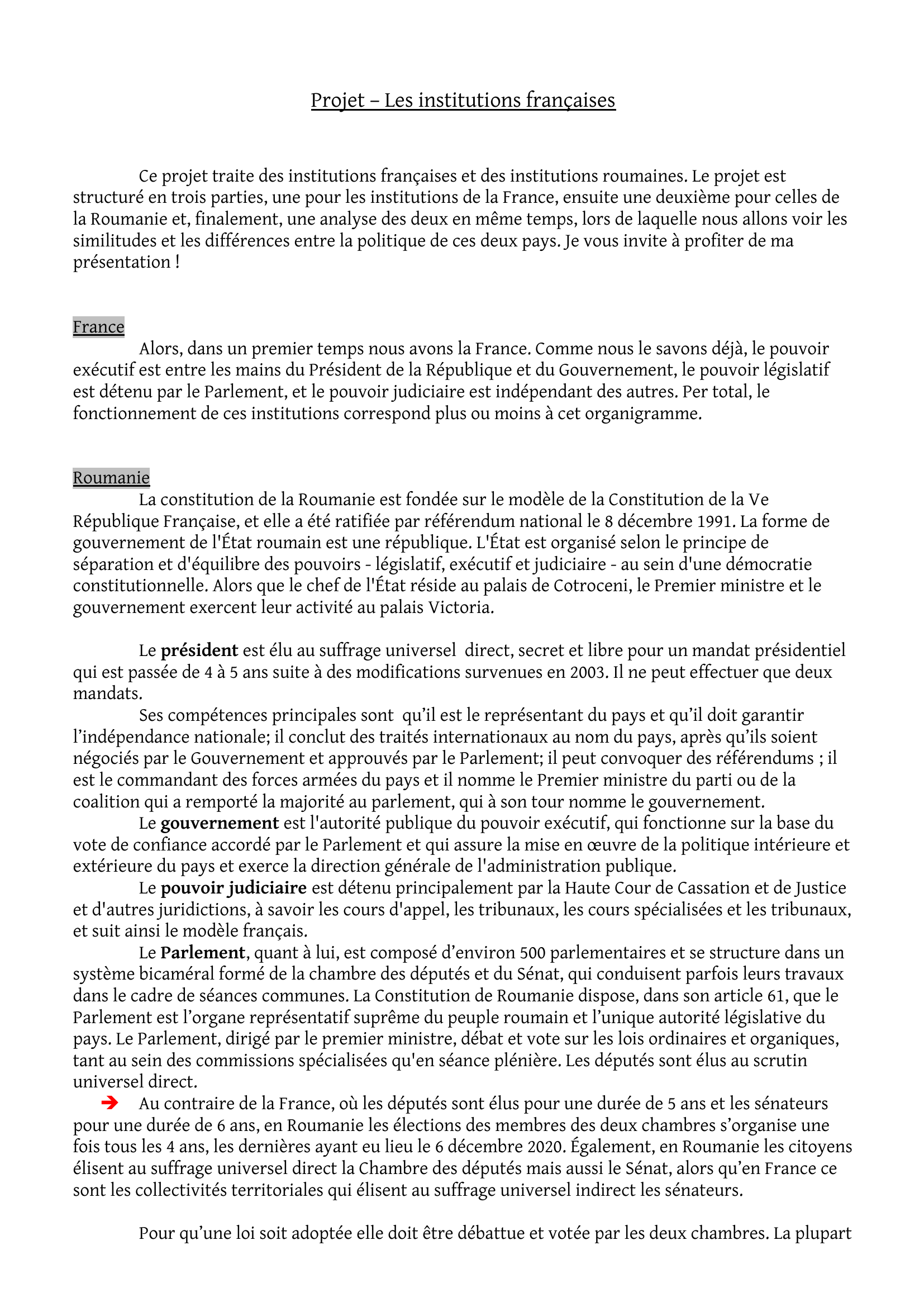 Prévisualisation du document Comparaison des institutions françaises et roumaines
