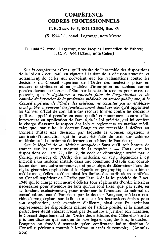Prévisualisation du document COMPÉTENCE ORDRES PROFESSIONNELS C.E. 2 avr. 1943, BOUGUEN, Rec. 86