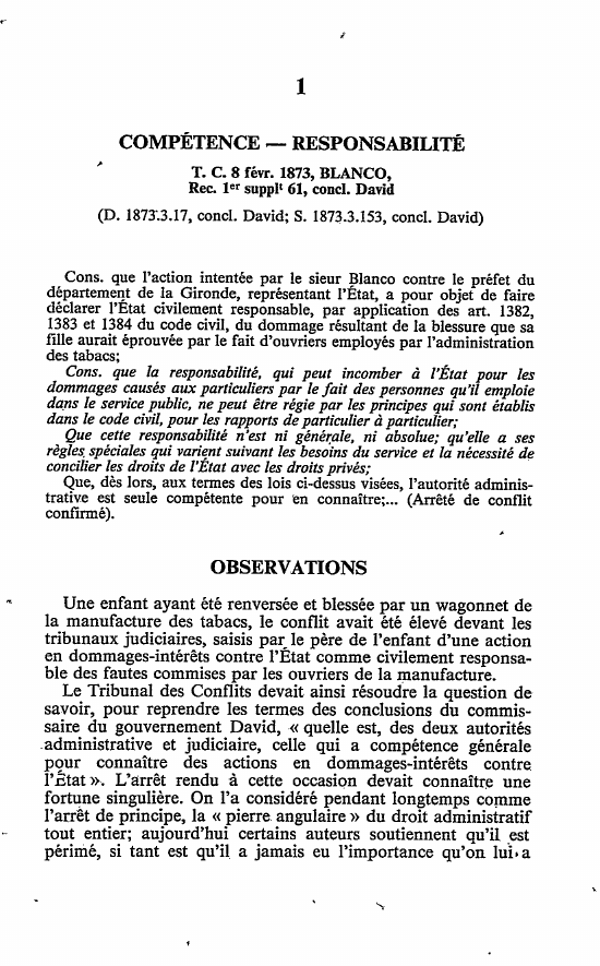 Prévisualisation du document COMPÉTENCE - RESPONSABILITÉ T. C. 8 févr. 1873, BLANCO, Rec. 1er supplt 61, concl. David (D. 1873-.3.17, concl. David; S. 1873.3.153, concl. David)