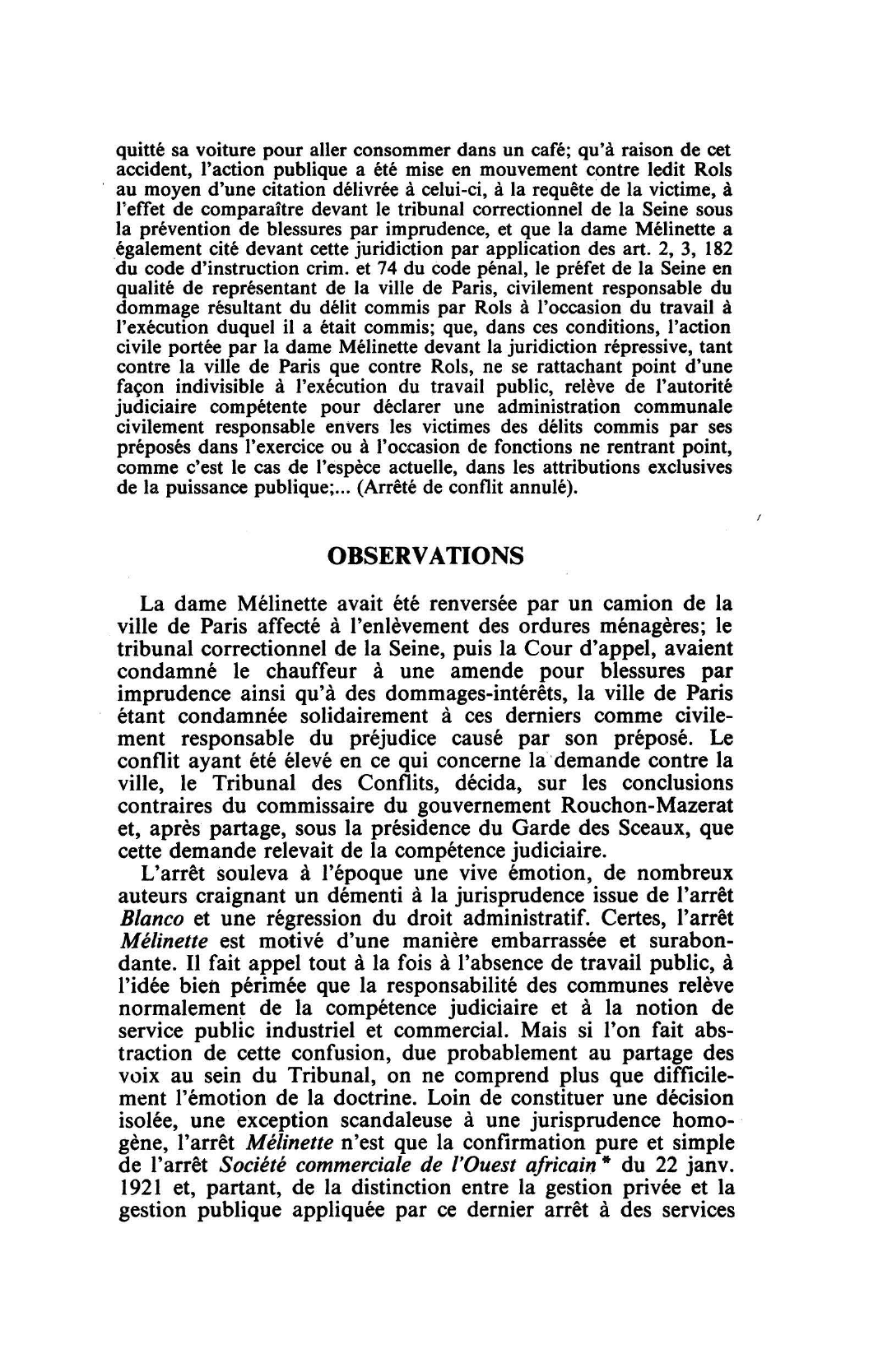 Prévisualisation du document COMPÉTENCE - SERVICES PUBLICS INDUSTRIELS ET COMMERCIAUX T. C. 11 juill. 1933, Dame MELINETTE, Rec. 1237, concl. Rouchon-Mazerat (S. 1933.3.97, note Alibert; D. 1933.3.65, concl. Rouchon-Mazerat, note Blaevoet; R.D.P. 1933.426, concl. Rouchon-Mazerat, note Jèze)