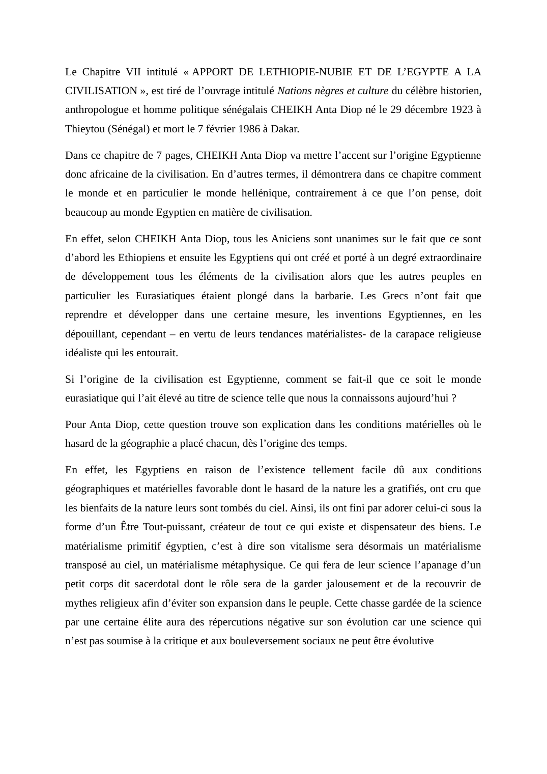 Prévisualisation du document Compte rendu de lecture du chapitre VII du livre Nations nègres et culture de Cheikh Anta Diop