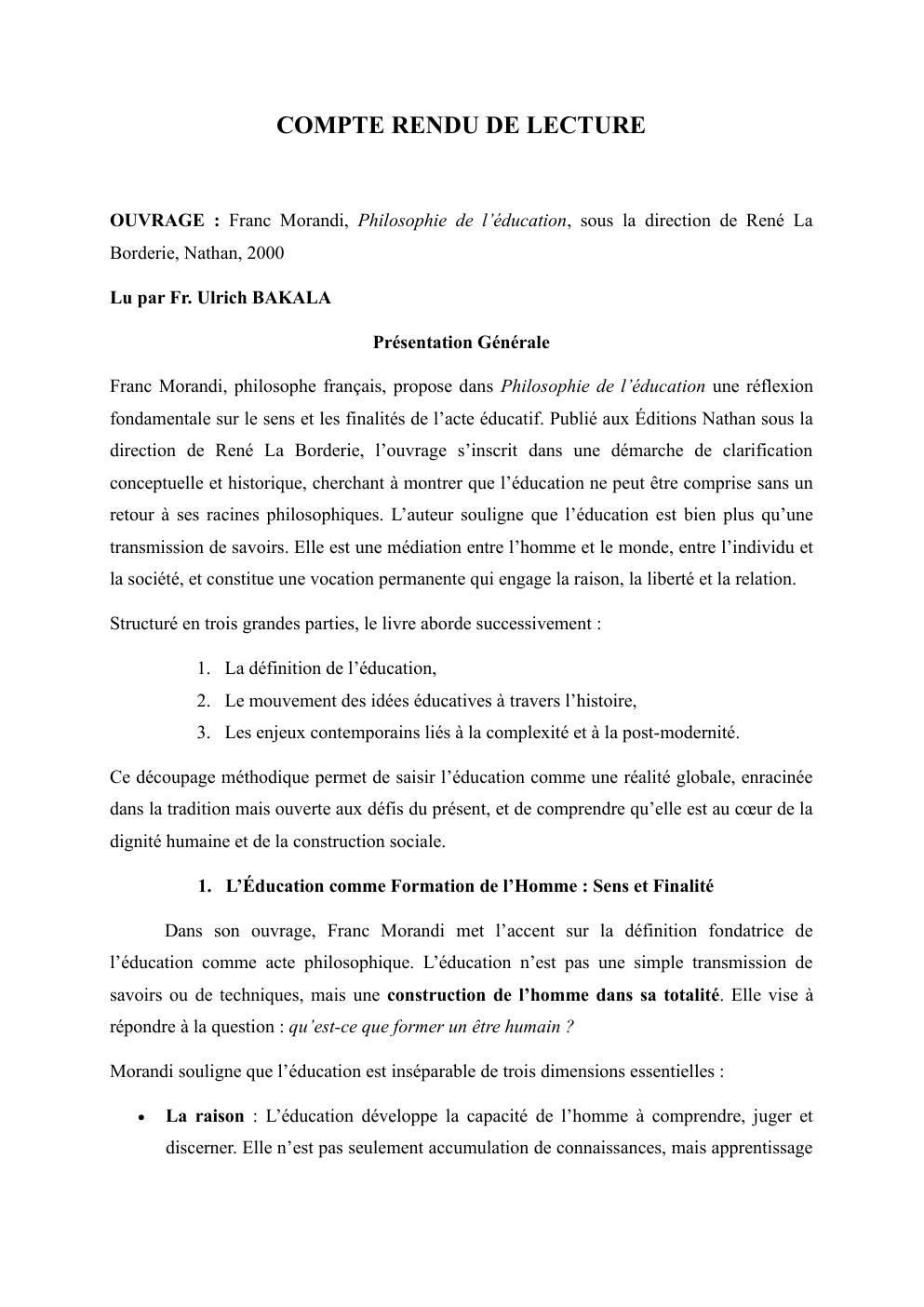 Prévisualisation du document COMPTE RENDU DE LECTURE: Franc Morandi, Philosophie de l’éducation