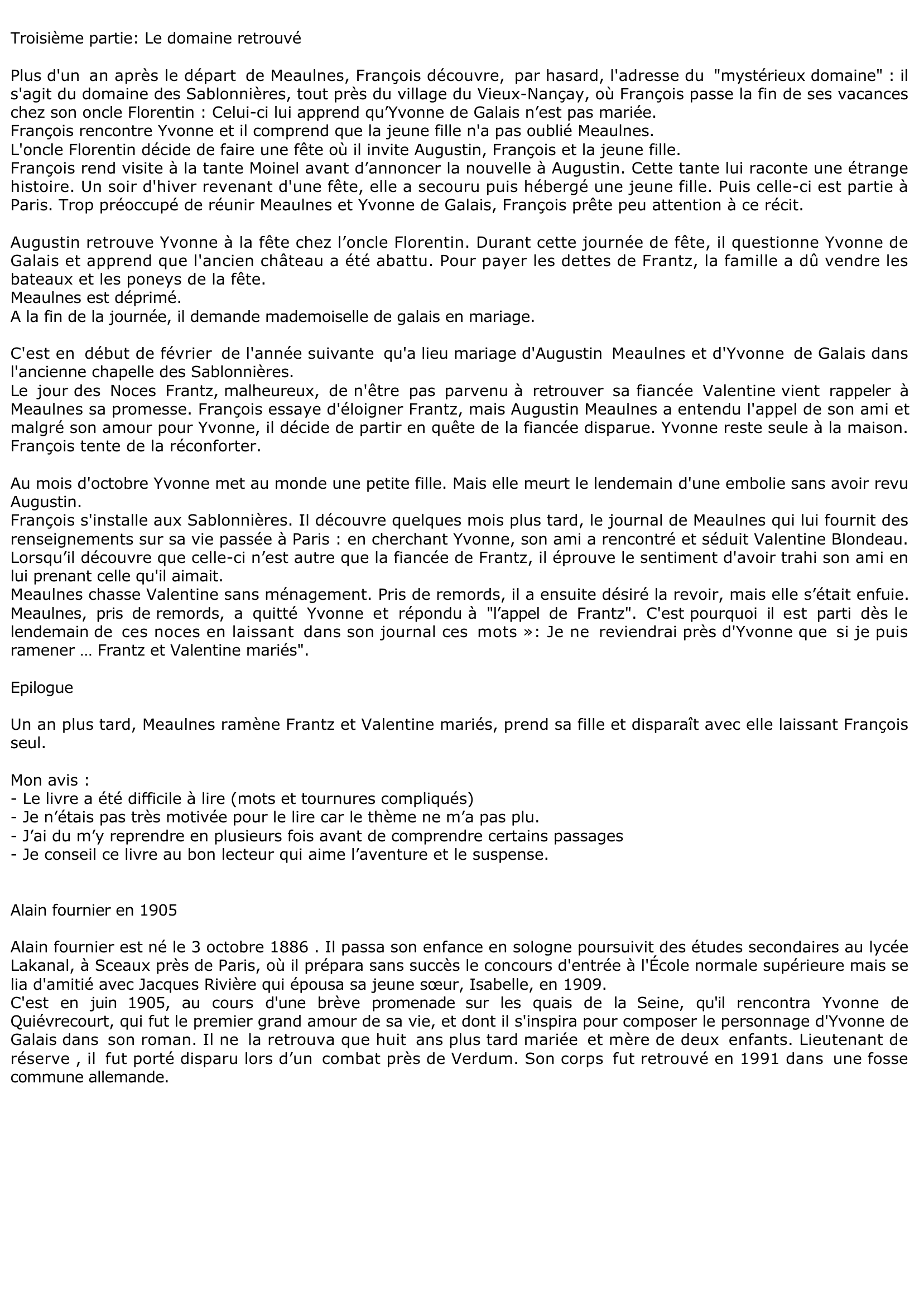 Prévisualisation du document Compte rendu de lecture : Le Grand Meaulnes, d'Alain Fournier